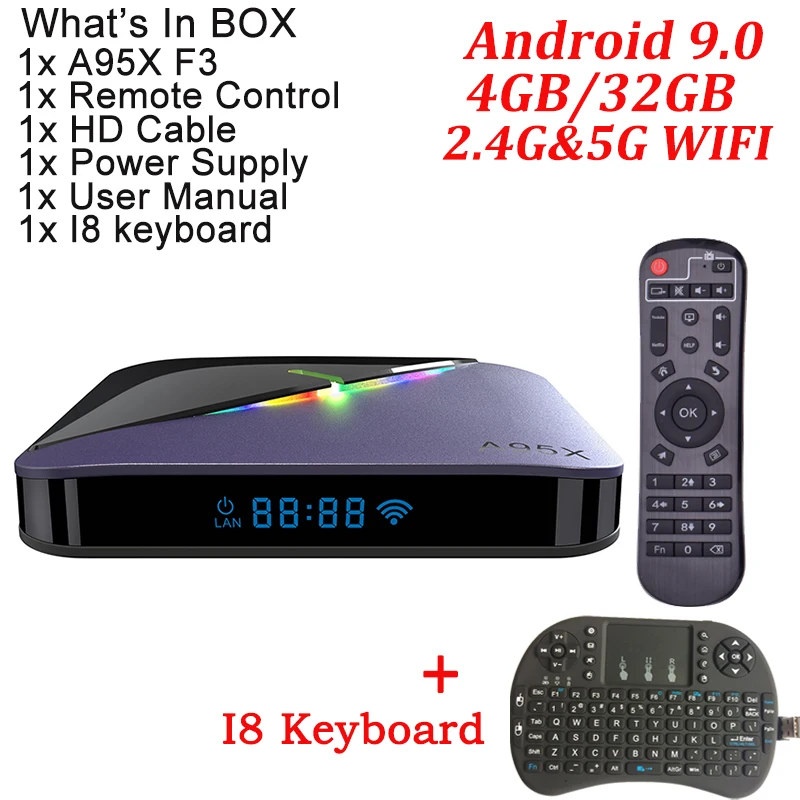 A95X F3 RGB светильник ТВ приставка Android 9,0 Amlogic S905X3 4 Гб 64 Гб Смарт ТВ приставка Flex 8 к H.265 двойной wifi Netflix медиаплеер - Color: 4G 32G With I8