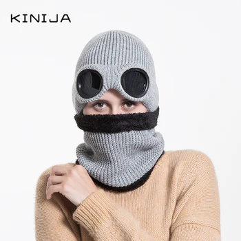 

Windproof glasses Hat Scarf Set Outdoor cycling Thicken velvet thick Winter Wool hat knitted Neck Warmer cap Ski protective hat