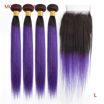 

MOGUL HAIR T 1B Purple Ombre Human Hair 2/3 Bundles with Closure Brazilian Straight Remy Hair Weave Extension 10-26 inch