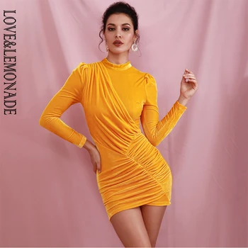 

LOVE&LEMONADE Sexy Yellow Stand Collar Sleeve Stitch Elastic Tan Goose Down Bodycon Party Mini Dress LM82166