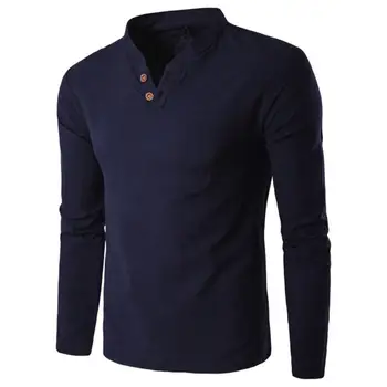

Men Chinese Style V-Neck Long Sleeve Stand Collar Cotton Linen 2020 New Fashion Shirt Top