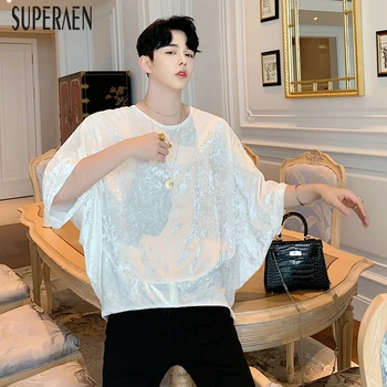 

SuperAen New 2020 Summer T Shirts Fashion Casual Wild Ladies T Shirts Velvet Europe Tops Female Bat Sleeve Women Clothing