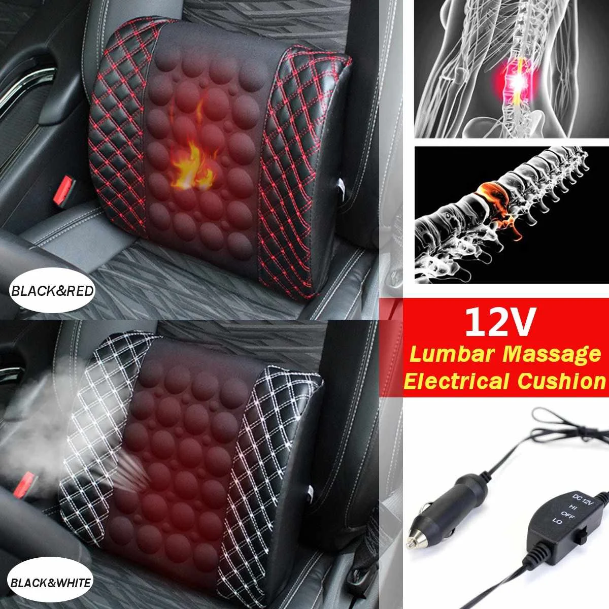 

12V Car Massage And Heat Lumbar Cushion Car Electric Massage Cushion lumbar Massage Car Seat Back Cushion Waist support Winter