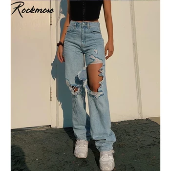 

JRYYT Vintage High Waist Jeans With Holes Baggy Womens Straight Pants y2k Aesthetic Cotton Streetwear Denim Trousers Loose