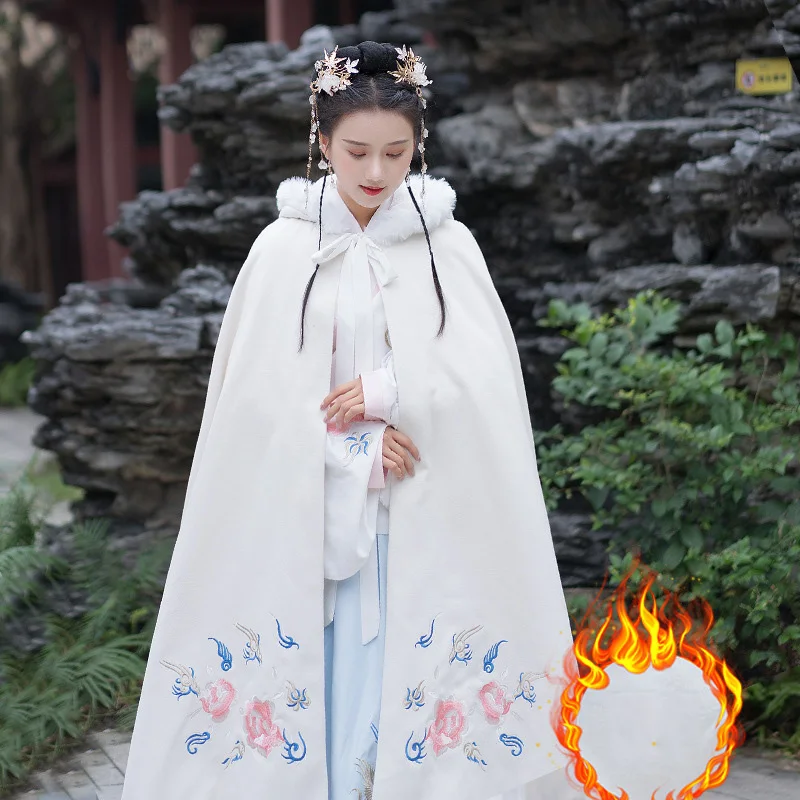 Белый Вышивка Hanfu плащ для женщин теплое народное пальто дамы фестивальный рейв наряд с капюшоном пальто певцы представление одежда DC3429 - Цвет: Белый