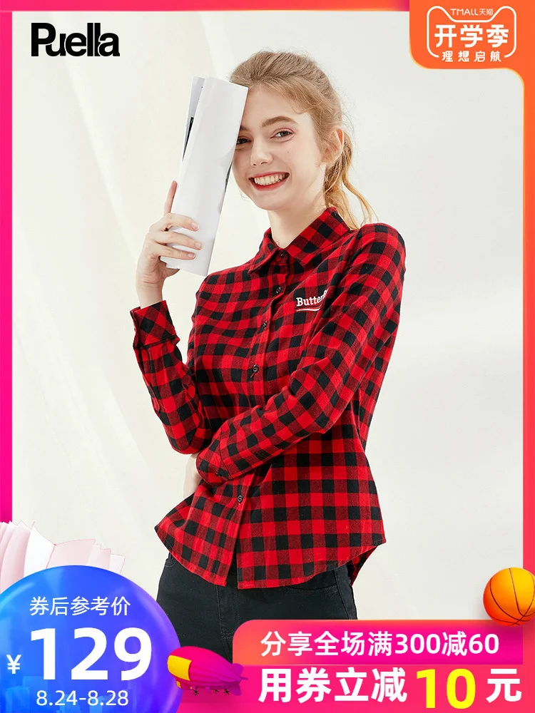 Hong Kong Flavor красная решетка рубашка mume с длинными рукавами 2019 Xia Kuansong в западном стиле рубашка для студента