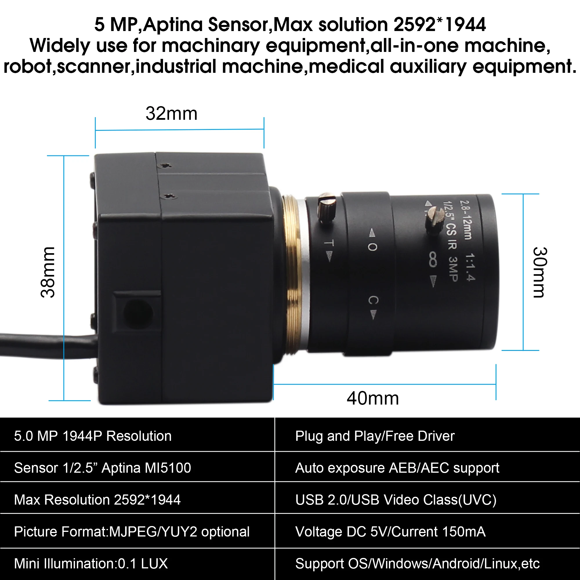 5,0 мегапиксельная камера наблюдения USB 2592x1944 Mjpeg YuY2 2,8-12 мм варифокальный объектив 1/2. 5 Aptina MI5100 CMOS видеокамера USB