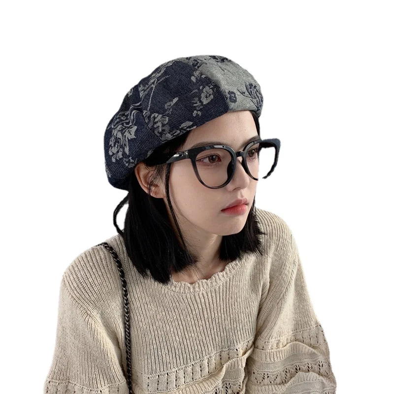 Women Black Denim Printed Vintage Berets Women's Hat New Round Dome
