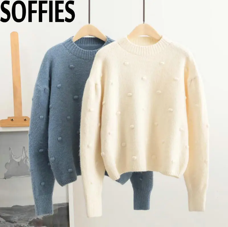 2019 Winter Women Angora Rabbit Warm Sweaters White Blue Pink Color O-neck Oversized Pullovers Soft Comfy Loose Dots Sweater | Женская