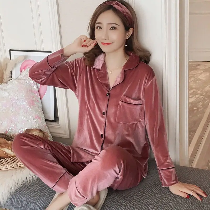 

Gold Velvet Pajamas Women's Winter-Outer Wear Long Sleeve Solid Color V-neck Casual Pajamas Comfortable Warm Homewear Set