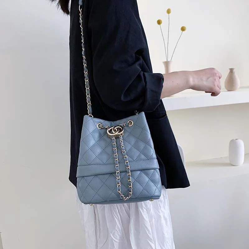 

Classic Diamond Lattice Bucket Shoulder Bags for Women 2019 New Fashion Drawstring Chain Crossbody Bag Ladies White Sling Bags