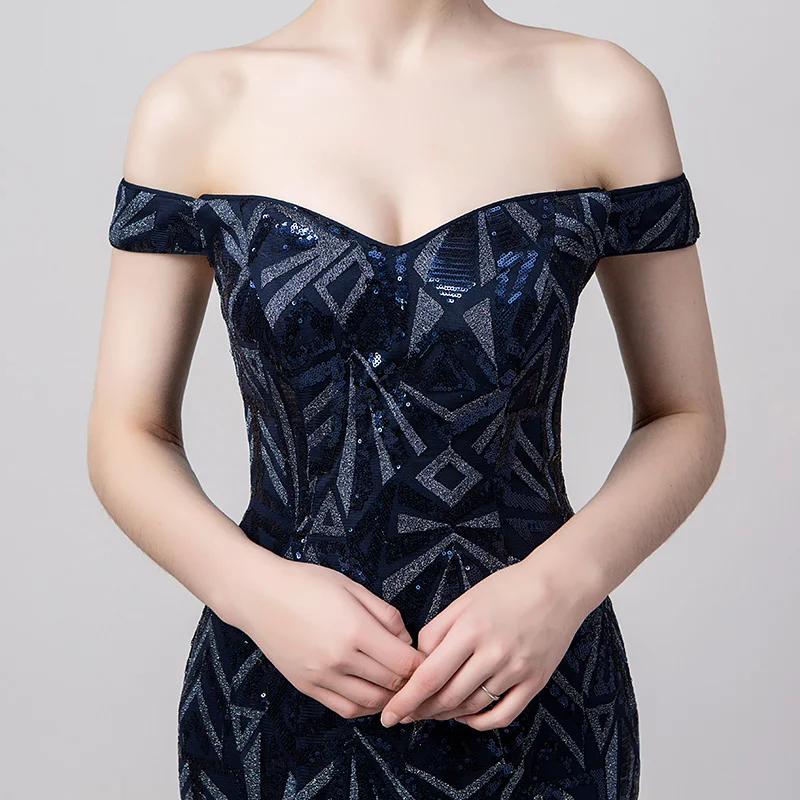 Mystery шаблон длинное тонкое элегантное вечернее платье с открытыми плечами блесток Формальные платья темно-синие пышные платья L5356