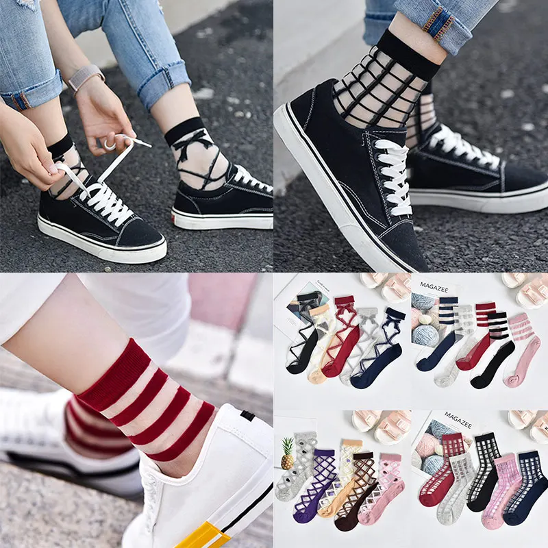 5 Pairs Fashion Mesh Transparent Socks for Women Comfortable Breathable Thin Fishnet See Through Ankle Sock JS25
