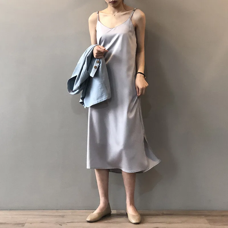 Summer Satin Black Sexy Women Dress 2020 Women's Dress Luxury Shiny Sundress Imitation Silk dress Y0786 Spaghetti Strap Dresses (14)