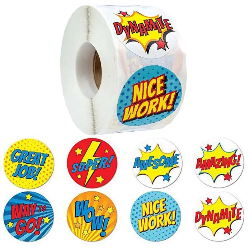 

500pcs/Roll 8 Styles Adhesive Reward Stickers Labels Box Sealing Wow Nice Work