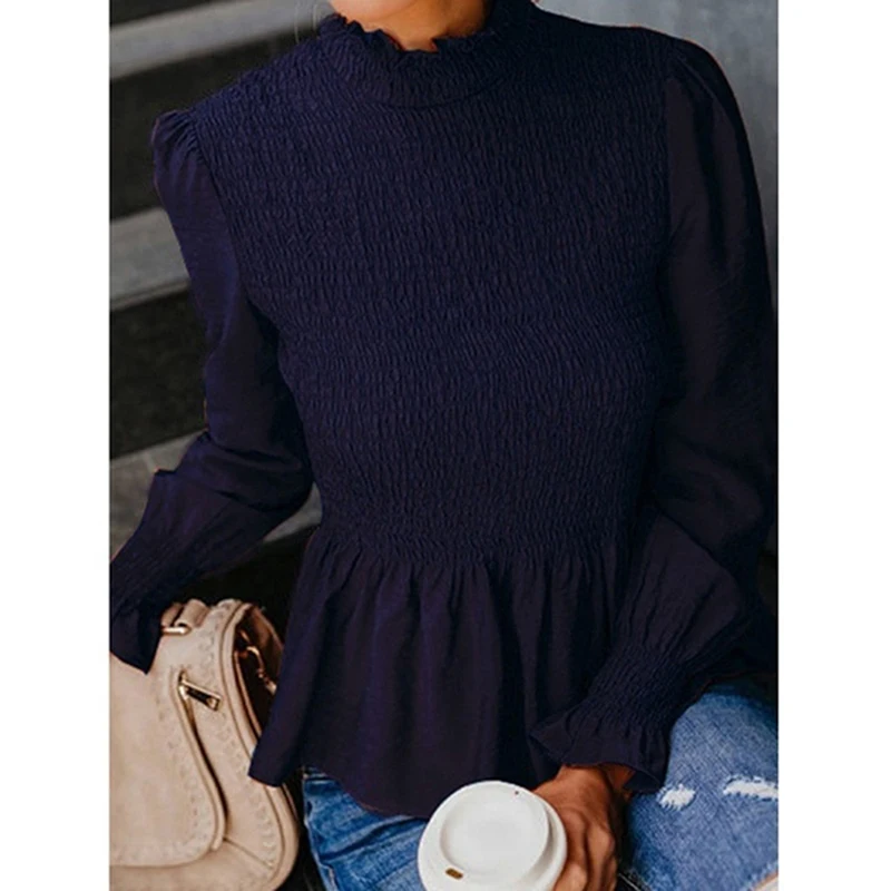 navy blue Женская мода сплошной цвет топик, женская футболка элегантный воротник-стойка футболки осенние женские офисные женские футболки с длинными рукавами - Цвет: navy blue