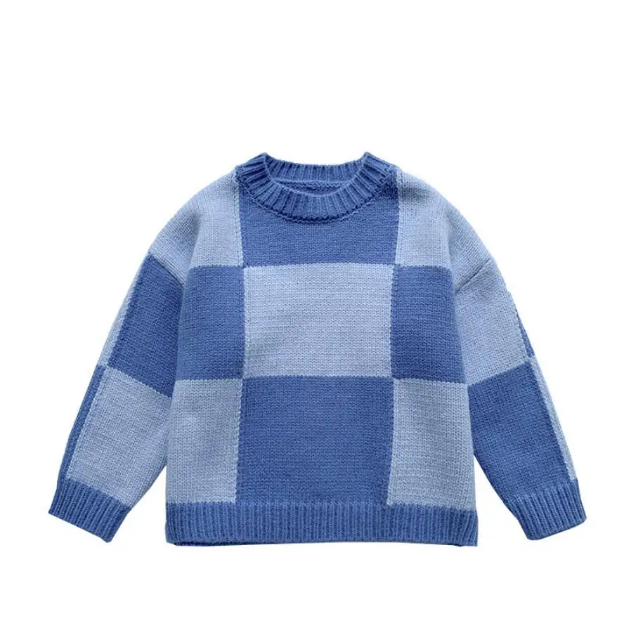 

Blue Baby Kids Tshirt Sweater Baby Boy Square Two Colors Match Pattern Style Little Boy Outfit O-Neck Knitted Clothes for 3T-8T