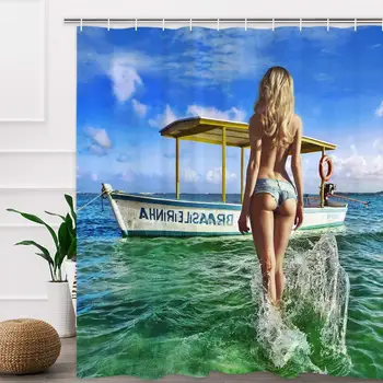 

Young Woman Running Into Sea Bathroom Shower Curtain Set Hawaiian Shower Curtain Ocean Curtains Waterproof Durable Fabric Bath
