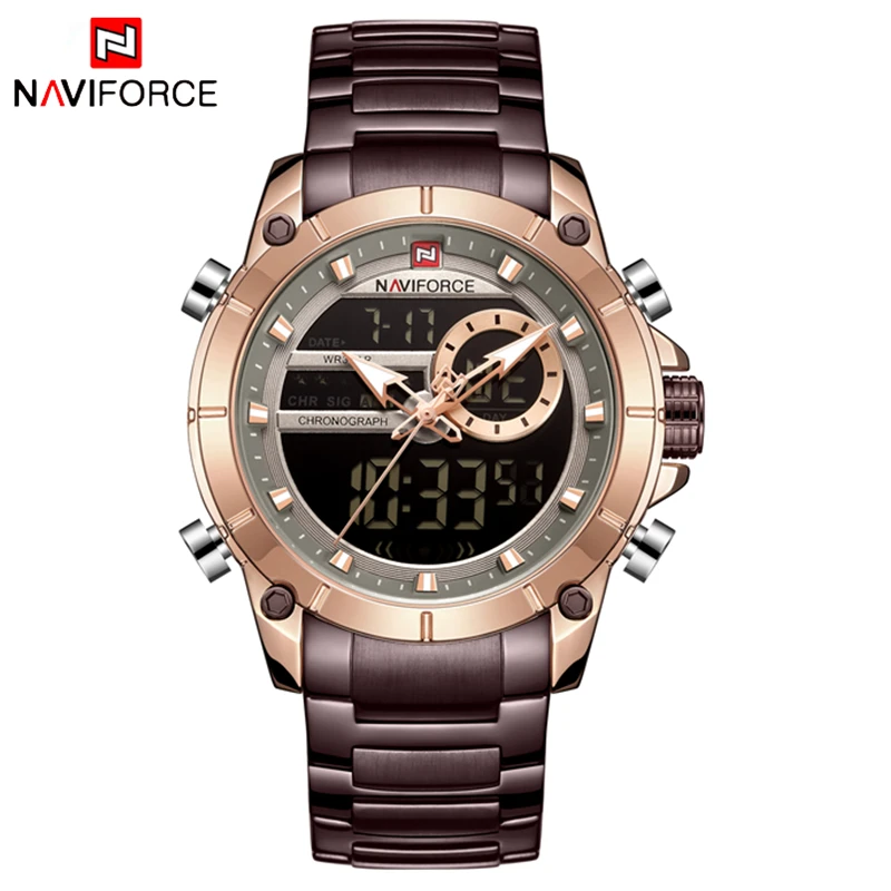 RoseGold Coffee NAVIFORCE мужские часы Топ люксовый бренд спортивные мужские военные часы военные полностью стальные водонепроницаемые кварцевые цифровые часы Relogio M - Цвет: RoseGold Coffee