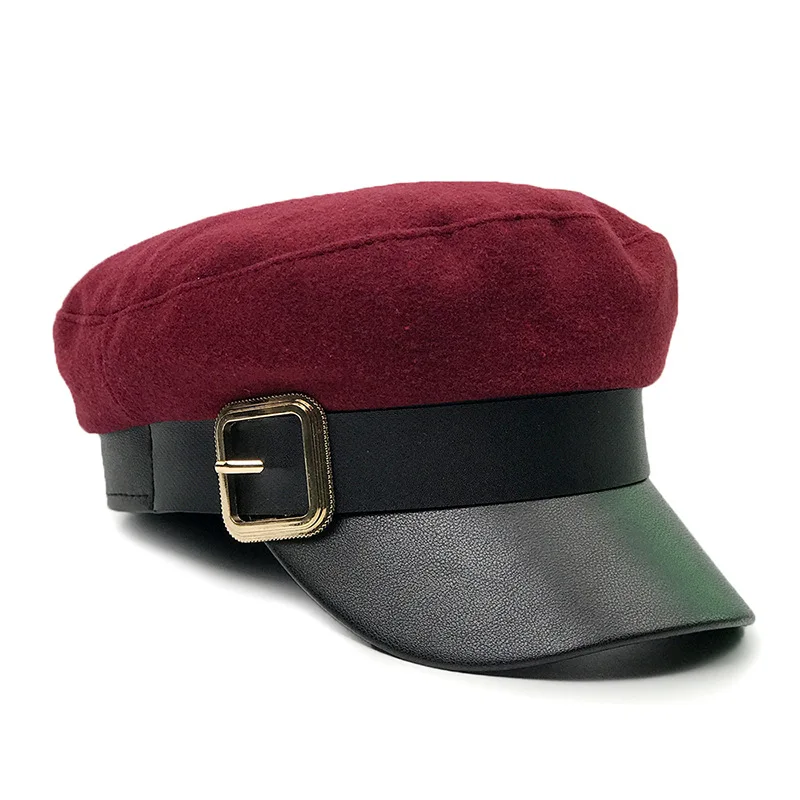 YOYOCORN Buckle Autumn Winter Fashion Wool Pu Leather Patchwork Newsboy Caps With Belt Female Gorras Women Black Military Hats - Цвет: Красный