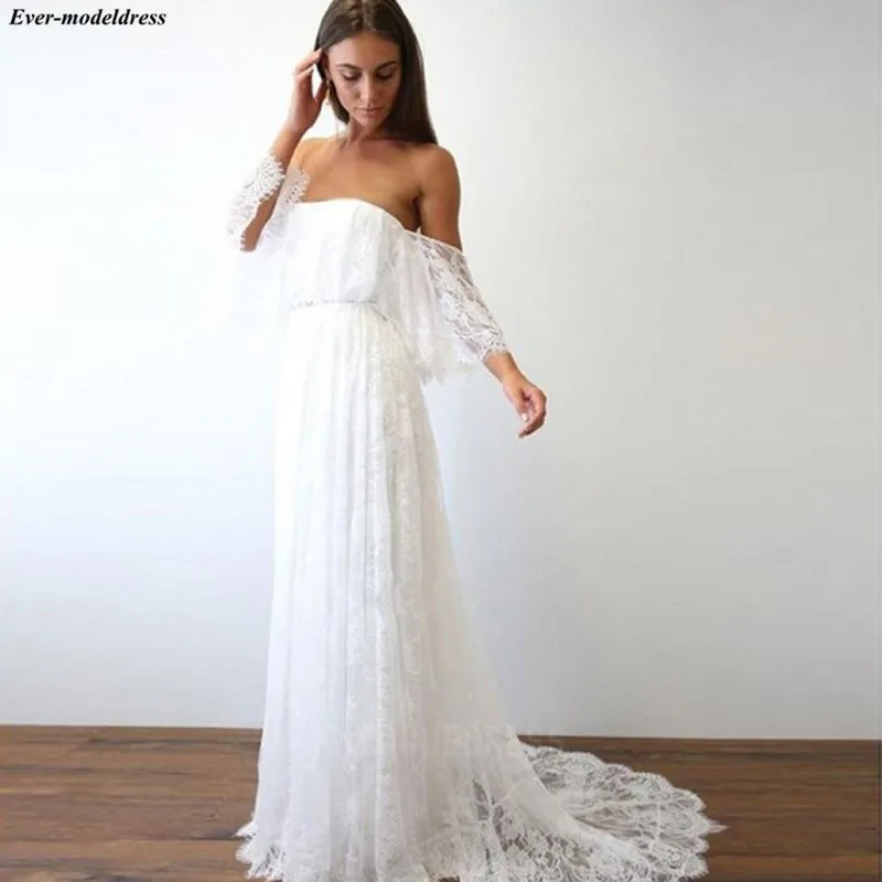 Пляжный Boho свадебный наряд открытая спина А-силуэт Кружева Аппликация с плеча с коротким рукавом Богемские свадебные одежды