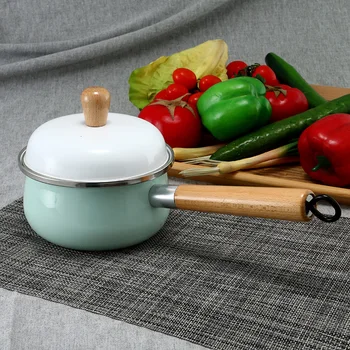 

Japanese porcelain enamel small milk pot single wooden handle with cover baby food soup rice pan electromagnetic stove gas