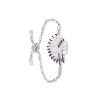 

Solid 925 Sterling Silver Indian Chief Head Feather Charm Bracelet With AAA Zircon Adjustable Bangles for women wedding party