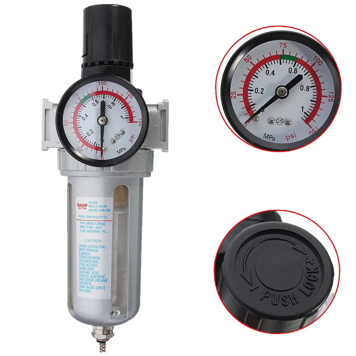 

SFR200 Pneumatic Air Filter Regulator Gas Source Treatment Pressure Gauge for Air Compressor Reducing Valve Oil Water Separation