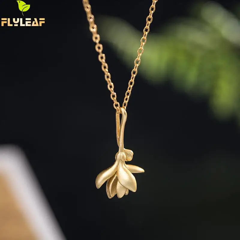 

925 Sterling Silver 18k Gold Magnolia Flower Pendant Necklace For Women Palace Vintage Jewelry Female Accessories Gift Flyleaf