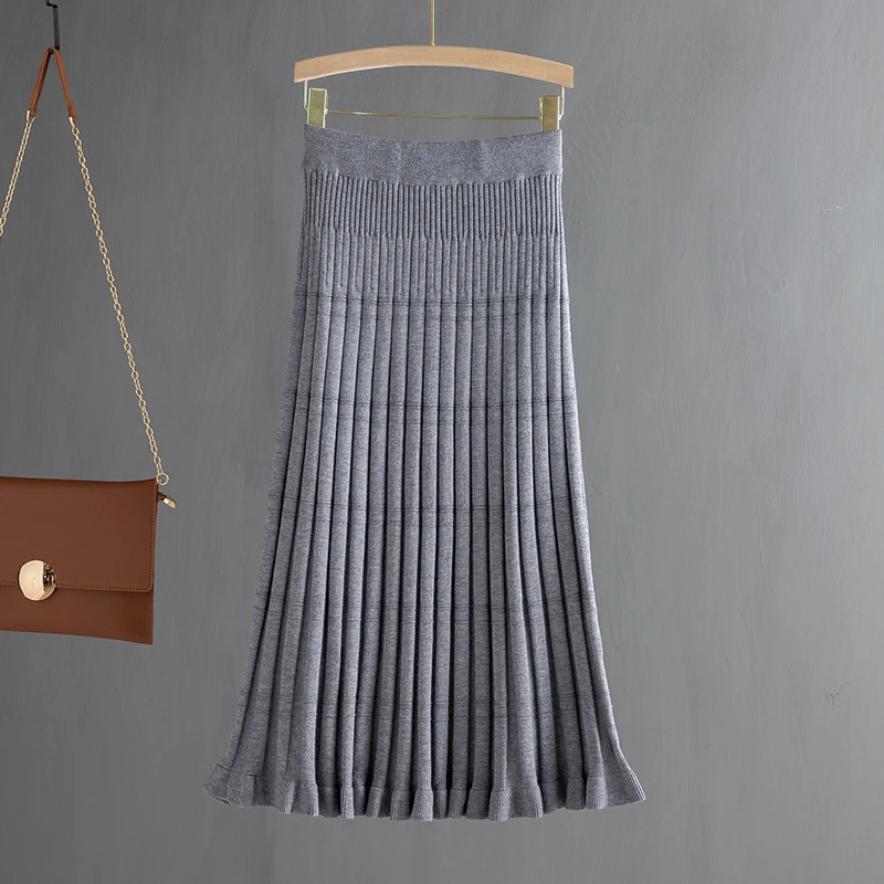 Grey MK8018 GIGOGOU Bamboo Patern трикотажные женские юбки высокая уличная Осенняя Зимняя Толстая теплая трапециевидная юбка средней длины юбка-пачка плиссированная юбка русалки - Цвет: Grey MK8018