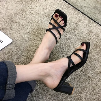 

SLHJC Women Slipper Sandals Summer High Square Heel Open Toe Leather Pumps Shoes Casual Lady Heels Sandals