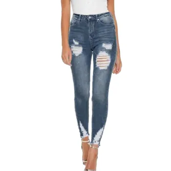 

2019 New Blue Jeans Pancil Pants Women High Waist Slim Hole Ripped Denim Jeans Casual Stretch Skinny Trousers Jeans 9.19