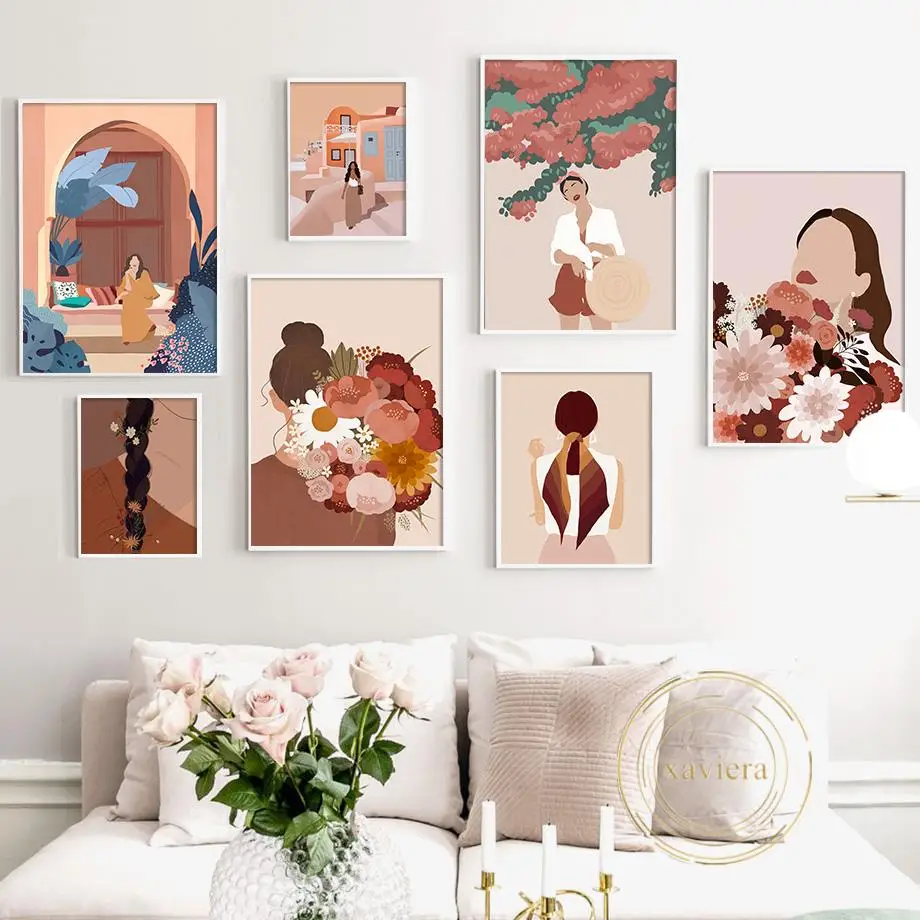 

Bohemian Fashion Girl Posters and Prints Nordic Abstract Woman Flower Canvas Painting Modern Wall Art Picture Home Decor Bedroom