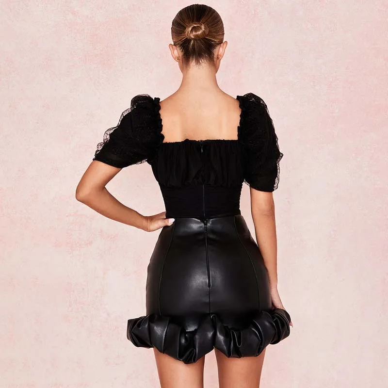 Lace Playsuits Women Black Mesh Short Puff Sleeve Skinny Slim Fit Backless Party Sexy Club Black Patchwork Playsuits Ladies