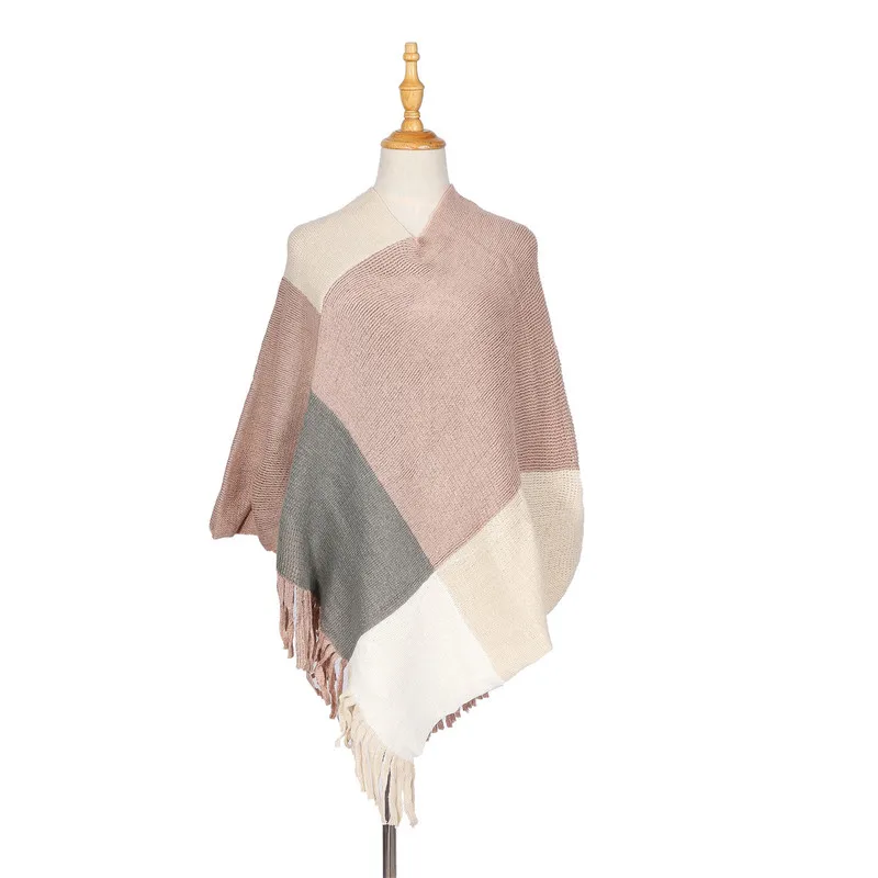 

2019 Autumn and Winter New Euro-American Style Matchwork Checker Block fringed shawl with one hair substitute