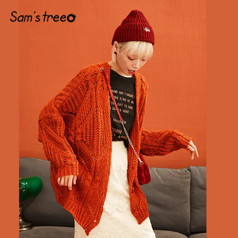 SAM'S TREE/синий однотонный вязаный женский кардиган, свитер, зима, желтый, на шнуровке, с рукавом-фонариком, повседневные, офисные, женские топы