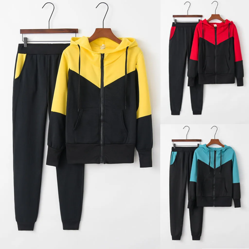 

feitong 2019 Women's sports suit Solid Color Hooded Sweatshirt and pant Tracksuit Sport Suit conjunto feminino Dropship #91625