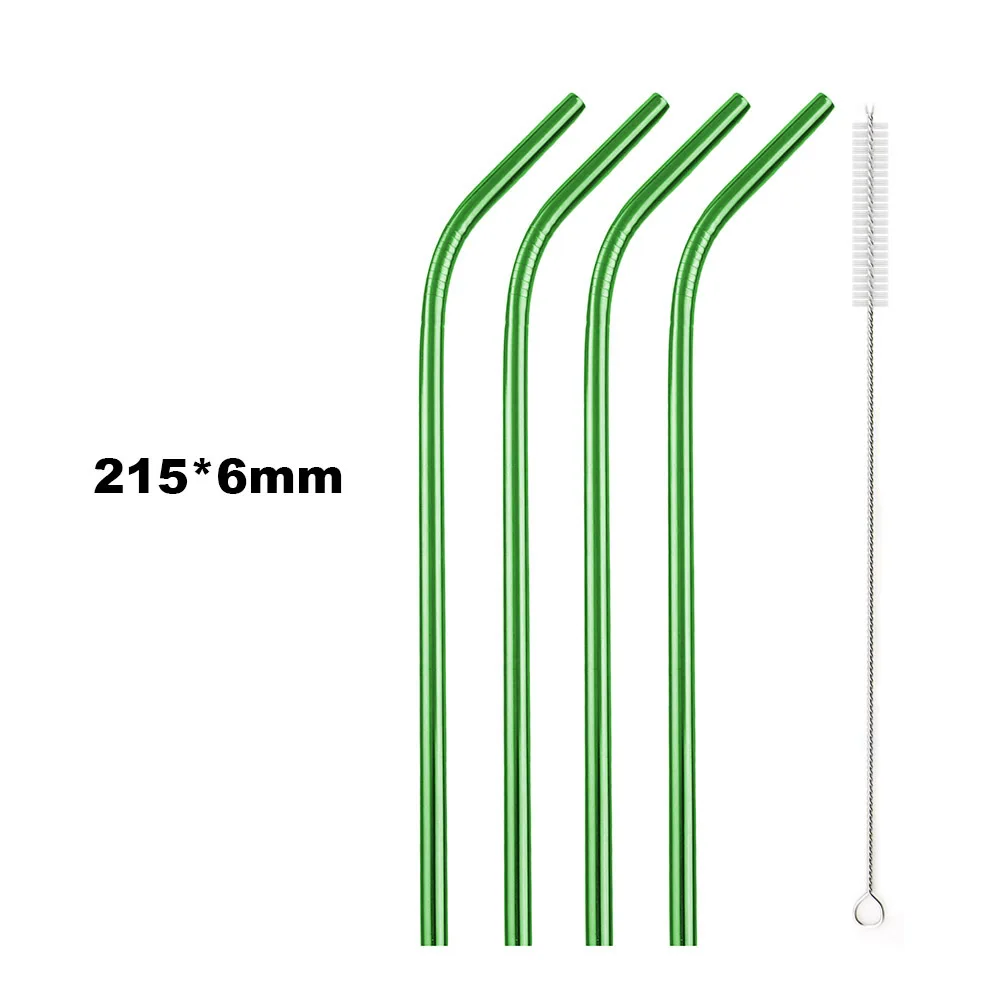 4P Green Bent Straw 6 шт. соломинки для питья, портативные соломинки для путешествий, 18/10 из нержавеющей стали, металлические соломинки, красочные соломинки многократного использования, соломинки с кистью и сумкой - Цвет: 4P Green Bent Straw