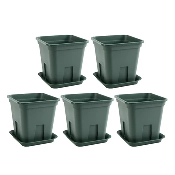

5 Sets of Plastic Flowerpots Sqaure Rose Planter Succulent Plant Nursery Pot for Garden (5PCS Pots and 5pcs Tray)