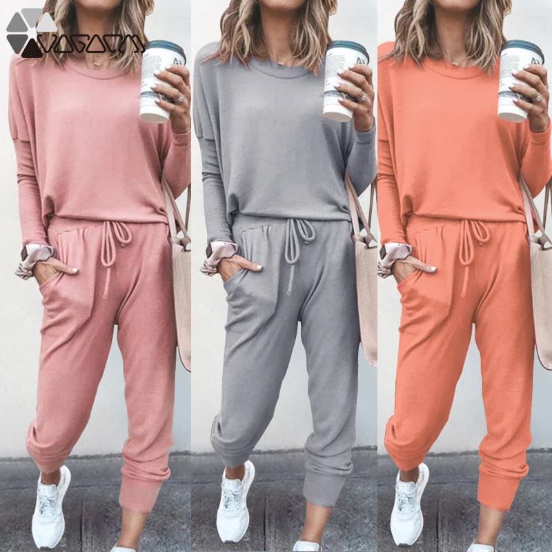 Conjunto de dos piezas de talla grande para mujer, camiseta de manga larga, pantalones, chándal holgado informal para correr, conjunto de calle