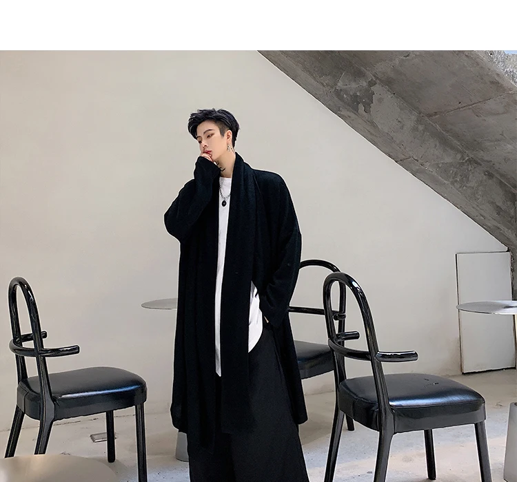 Мужской длинный вязаный кардиган темно-черный японский стиль свободная куртка мужская уличная хип хоп Готическая верхняя одежда для