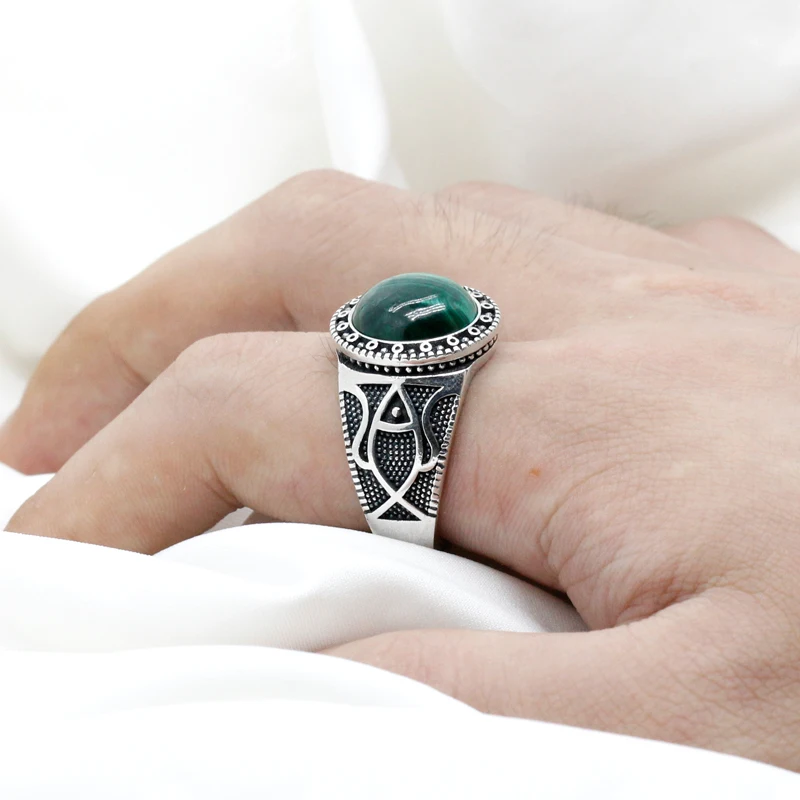 Natural stone pure 925 sterling silver antique Turkish ring, malachite men's agate color punk rock jewelry