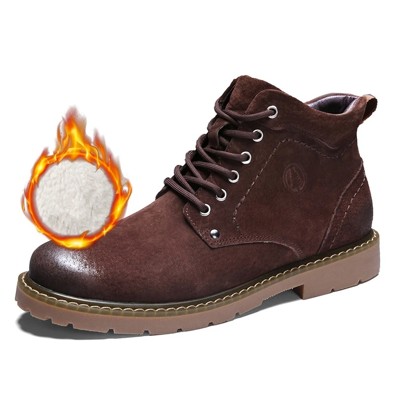 Fur inside coffee Winter Ankle Boots mens Genuine Leather Snow Boots Big Size 38-50 Outdoor Warm Winter Shoes for Men Anti-cold Boots Walker Peak - Цвет: Fur inside coffee