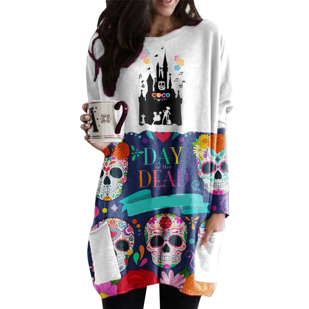 Модное цветное прямое платье с принтом черепа на Хэллоуин Повседневное круглым