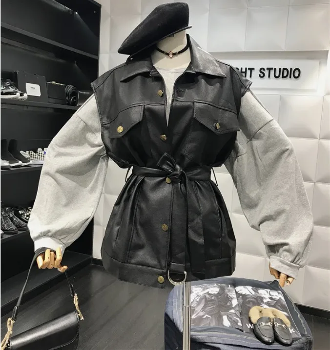 Новая весенняя и осенняя Женская Ретро куртка с отворотом без рукавов мотоциклетная куртка из искусственной кожи стильный пояс тонкий кожаный жилет