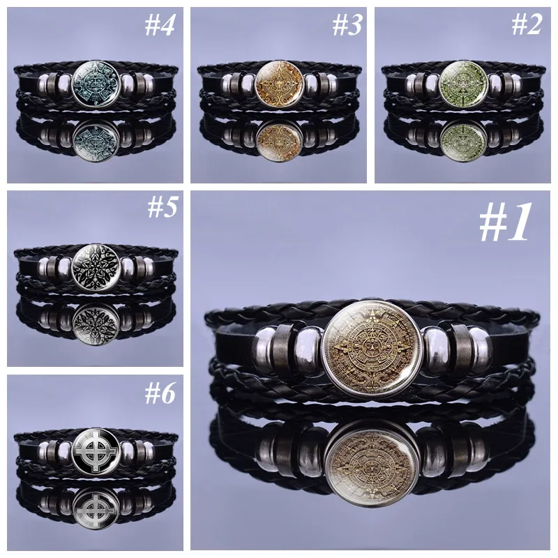 Black Leather Bracelet Aztec Jewelry Mayan Calendar Mexican Glass Cabochon Handmade Bracelet Mayan Jewelry Friends Gift