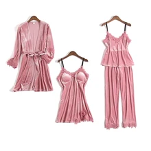 Комплект теплых зимних халатов из 4 предметов золотого бархата, женское сексуальное длинное кимоно с рукавами, банный халат, штаны, одежда для сна для женщин