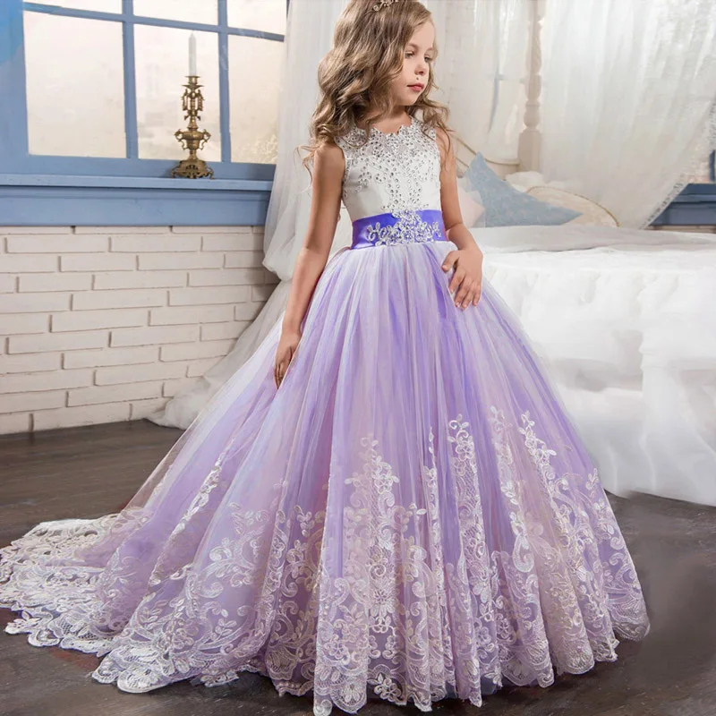 purple Кружевное платье с цветочным рисунком и длинным шлейфом; вечернее платье для девочек на свадьбу, День рождения; костюм принцессы для первого причастия; платье подружки невесты - Цвет: purple