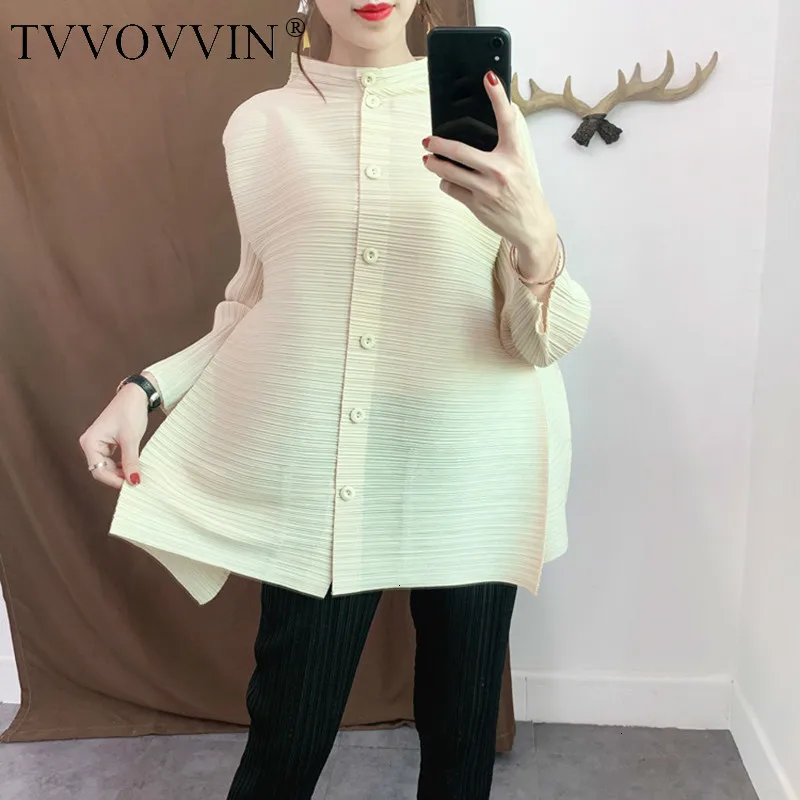 TVVOVVIN женская черная плиссированная блузка большого размера со стоячим воротником, рукав три четверти, свободная рубашка, модная весенняя Осенняя F931
