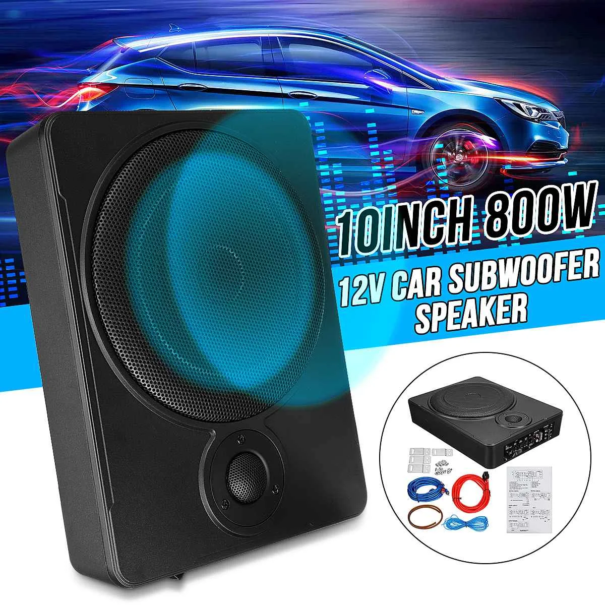 800W 10" Car Amplifier Subwoofer Car Audio Slim Under Seat Active
